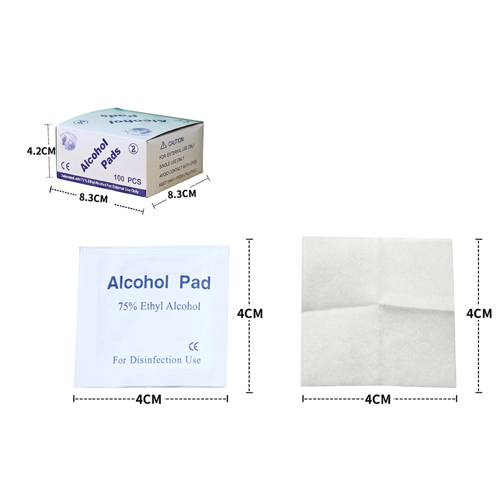 100 Stück/Karton, 4 x 4 cm, einzeln verpackt, Premium-Vorbereitungspads mit 75 % Ethylalkohol für den Heim-, Reise- und klinischen Gebrauch