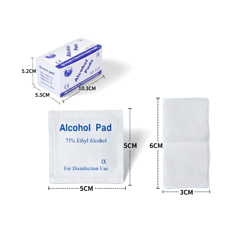 100 Stück/Karton, 3 cm x 6 cm groß, einzeln verpackte Vorbereitungspads mit 75 % Alkohol
