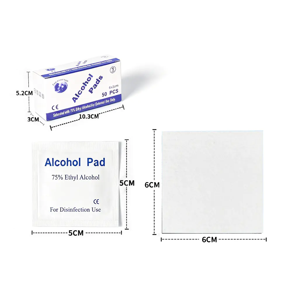 50 Stück/Karton Premium einzeln verpackte 6 x 6 cm große 75 % Ethylalkohol-Tupfer